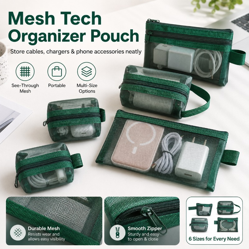 Office Tech Backpack - 6-delige Mesh Tech Organizer Pouch, draagbare